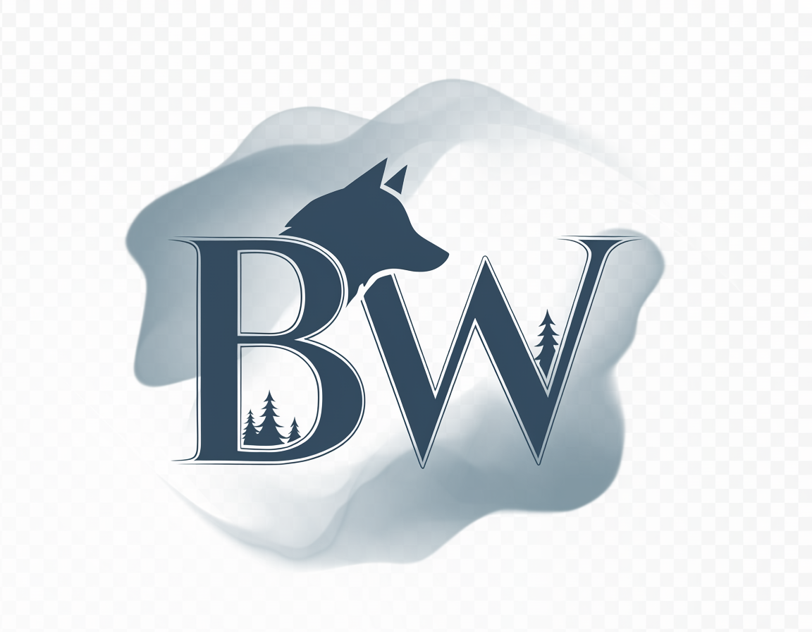 Blue Wolf BW logo with pine trees and wolf silhouette on a silver cloud background.