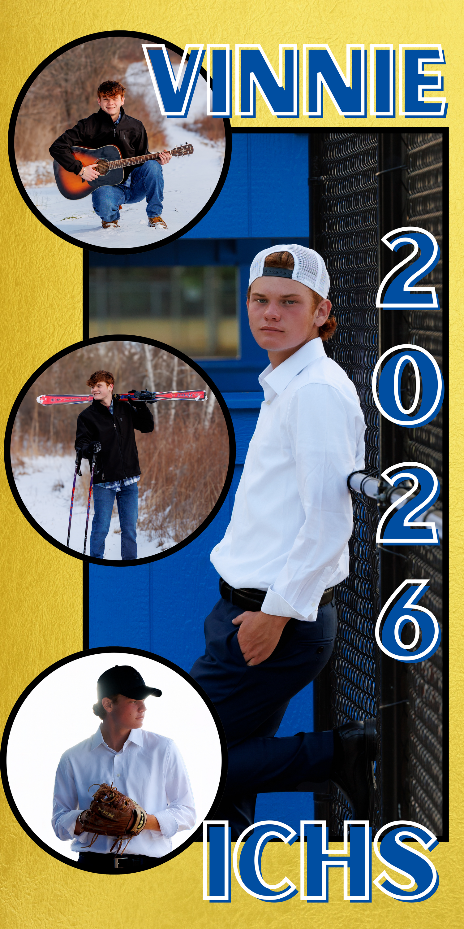 Senior portrait collage for Vinnie, ICHS class of 2026, featuring guitar, skiing, and baseball poses on gold background.