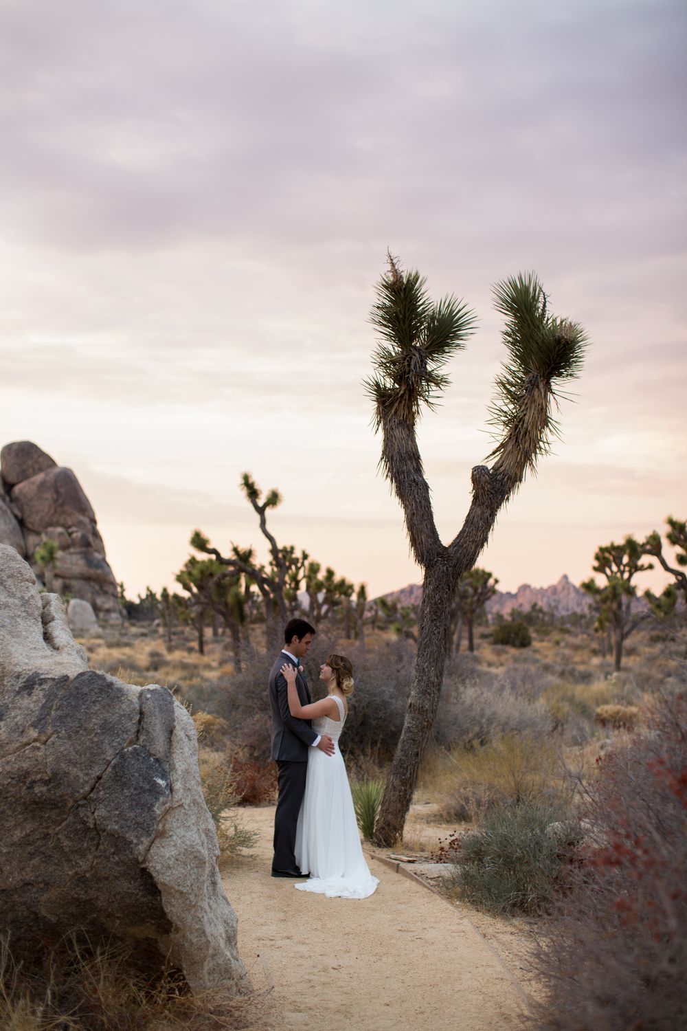 A young couple poses in the landscape of Joshua Tree National Park.