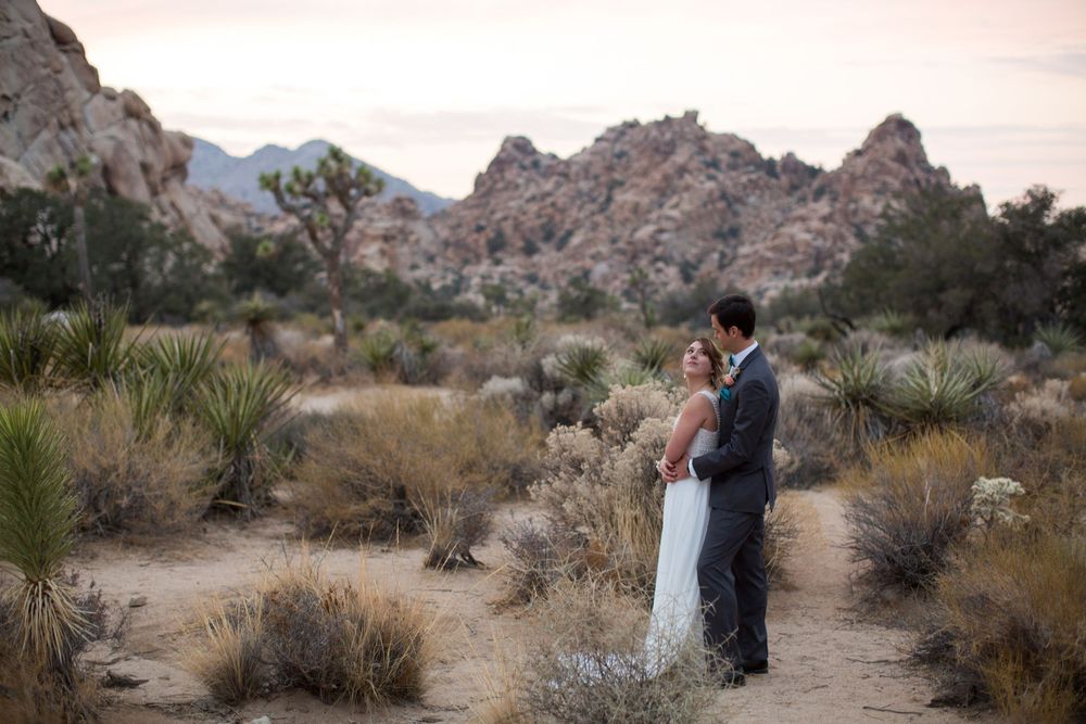 Newlyweds embrace in the desert of Joshua Tree National park.