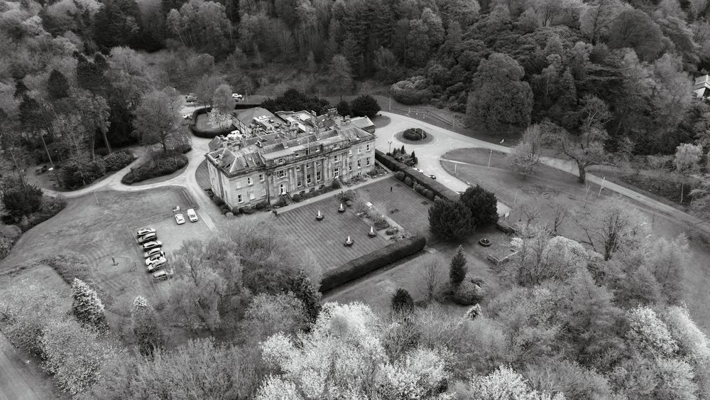Aerial black and white view of a grand historic mansion surrounded by lush trees and manicured grounds.