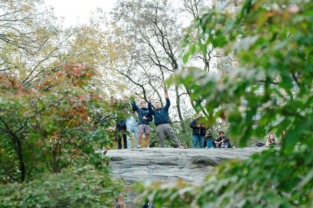 Group of people posing joyfully on a large rock surrounded by lush green trees in a park setting.