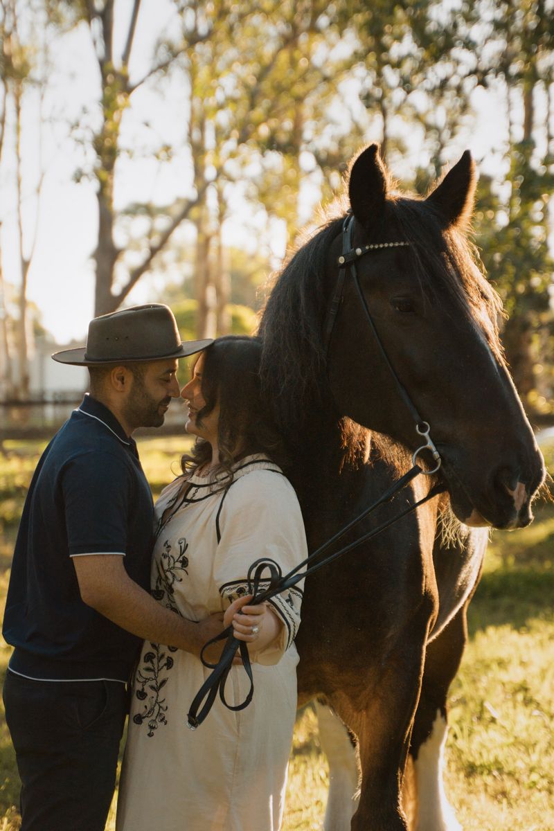 Couple sharing a romantic moment with a dark brown horse outdoors in golden sunlight, man wearing a wide-brim hat.