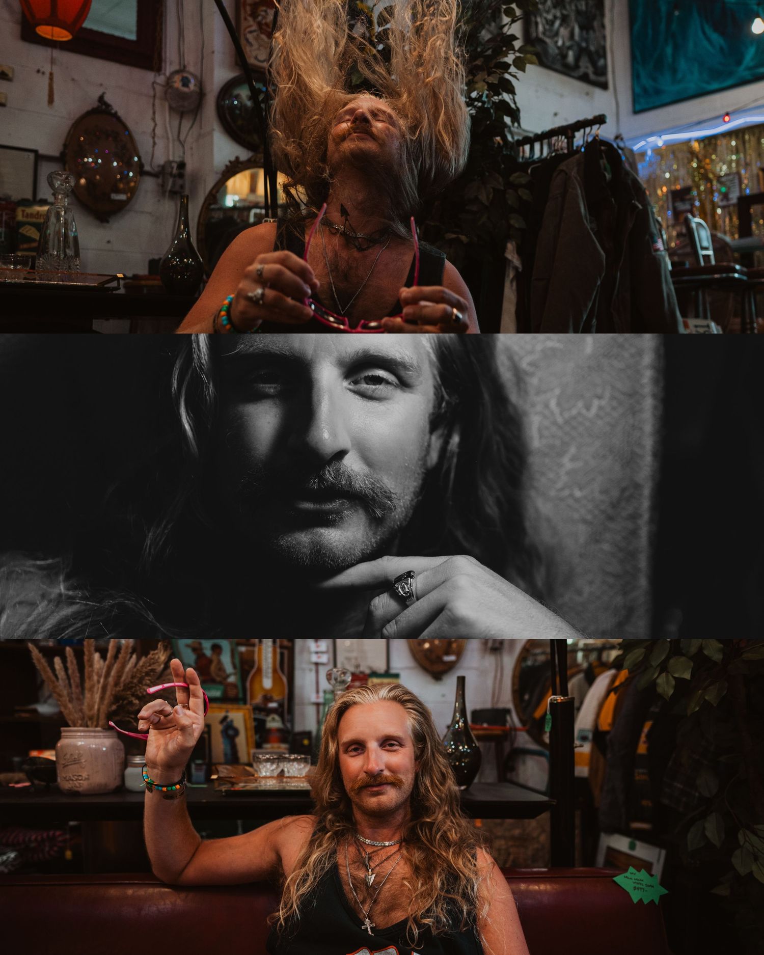 A series of dark moody portraits show someone with long hair and facial hair in dramatic lighting against an orange background.
