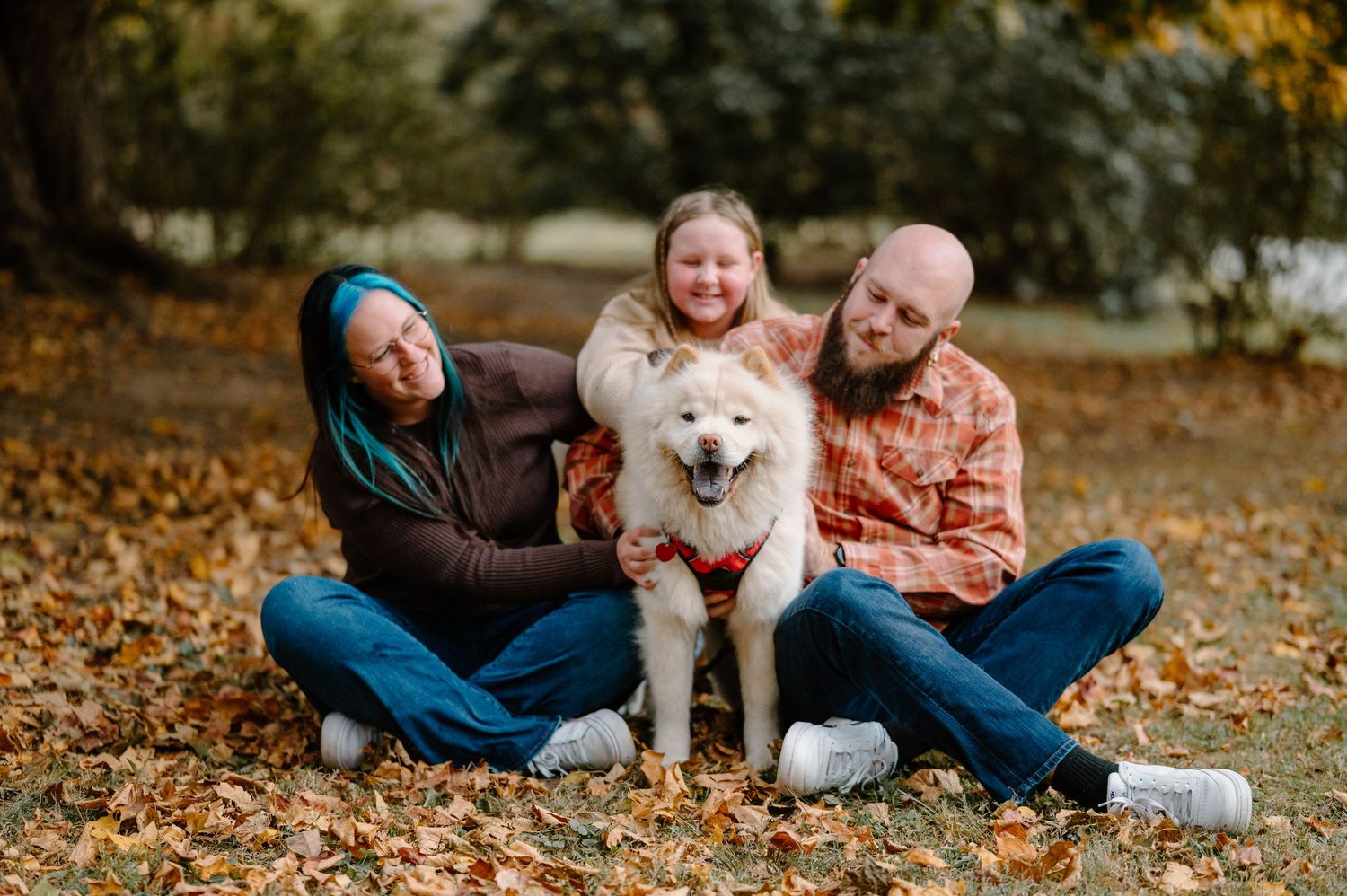 Family of two adults and a child sitting outdoors in autumn leaves with a white Samoyed dog.