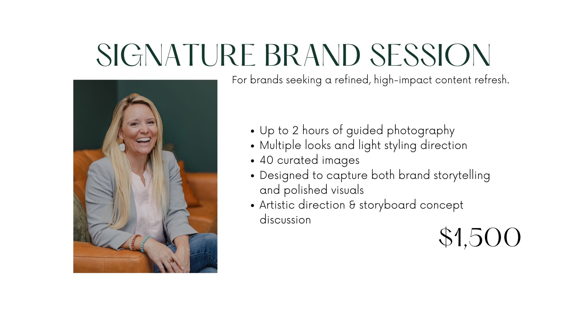 Signature Brand Session photography package promotional graphic offering up to 2 hours of guided photography for $4,500.