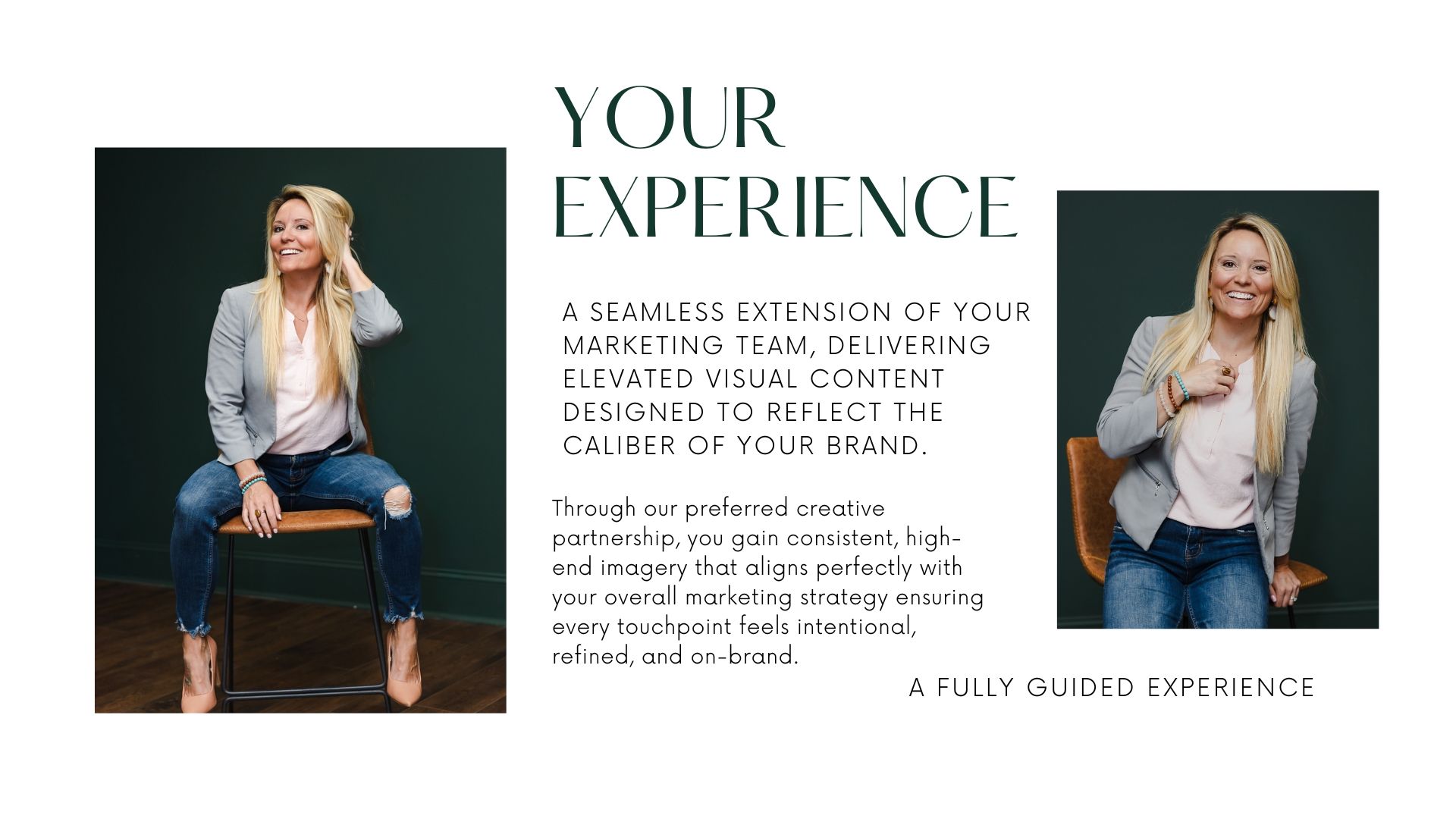Professional blonde woman in stylish gray blazer poses confidently for a marketing brand photography session.