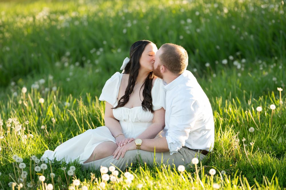 Couple sharing a kiss while sitting in a lush green field of dandelions in sunlight.