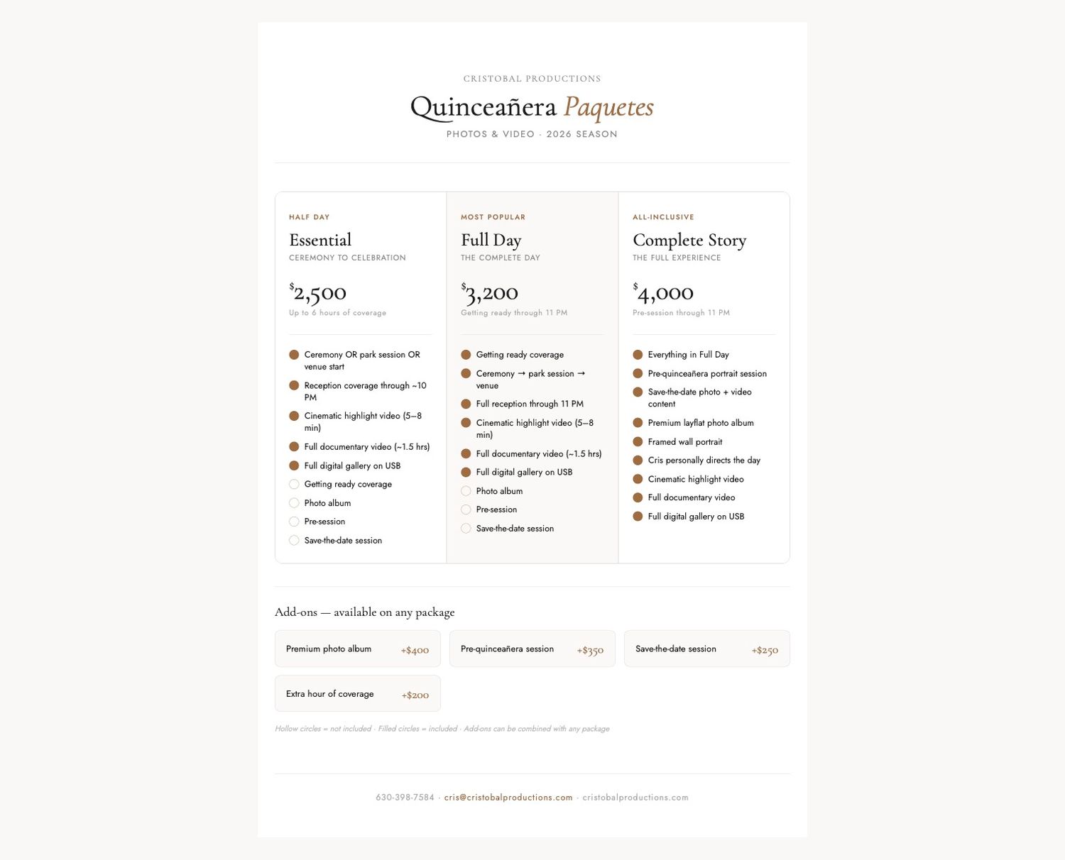 Quinceanera photography packages pricing page showing Essential, Full Day, and Complete Story tiers.