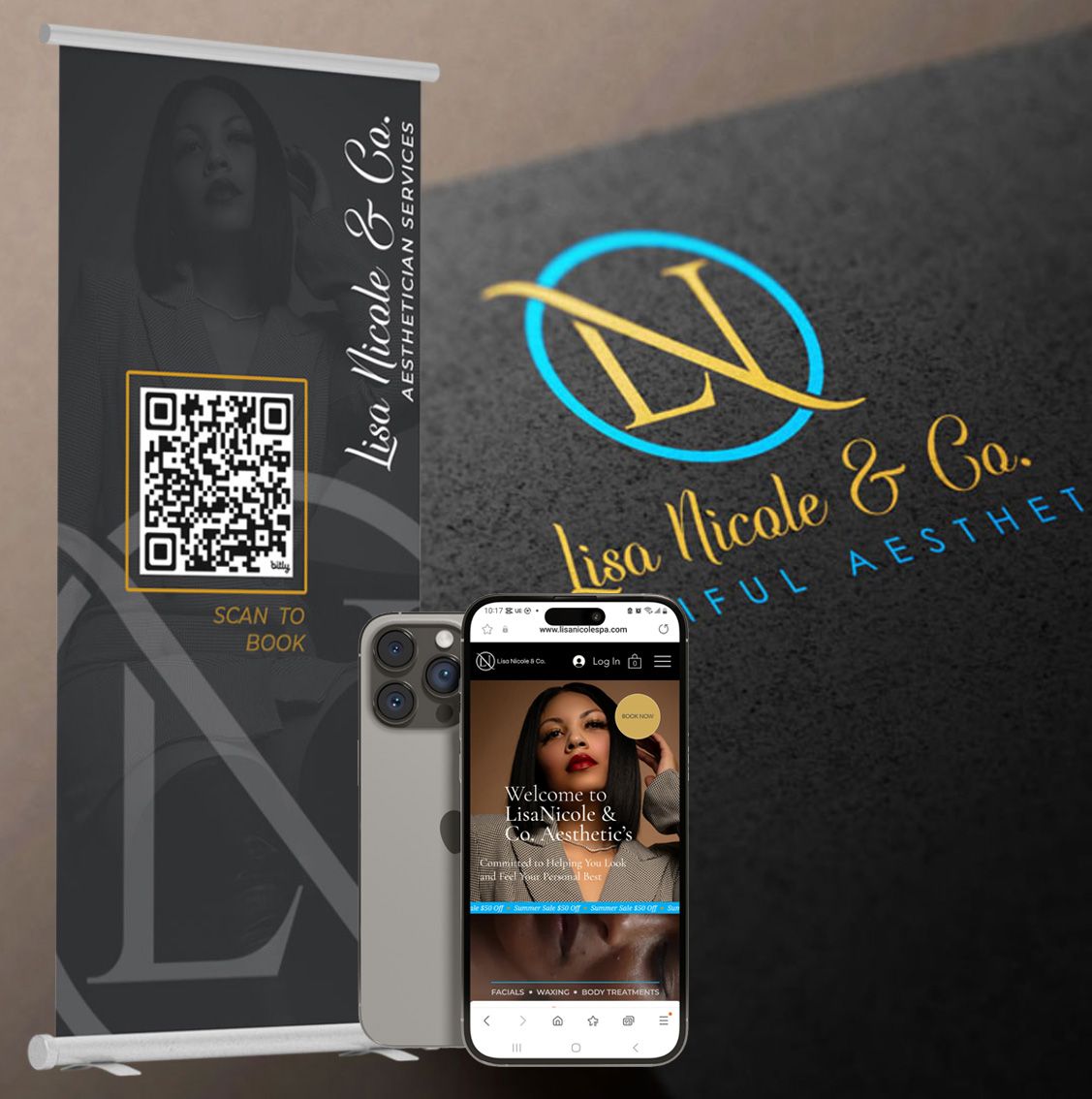 Lisa Nicole & Co aesthetics business branding materials with banner stand and phone display.