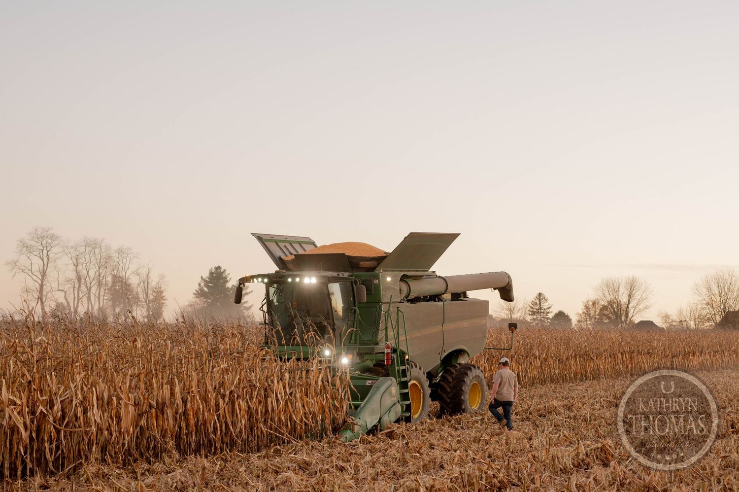 Combine harvester working in cornfield with grain cart at sunset.