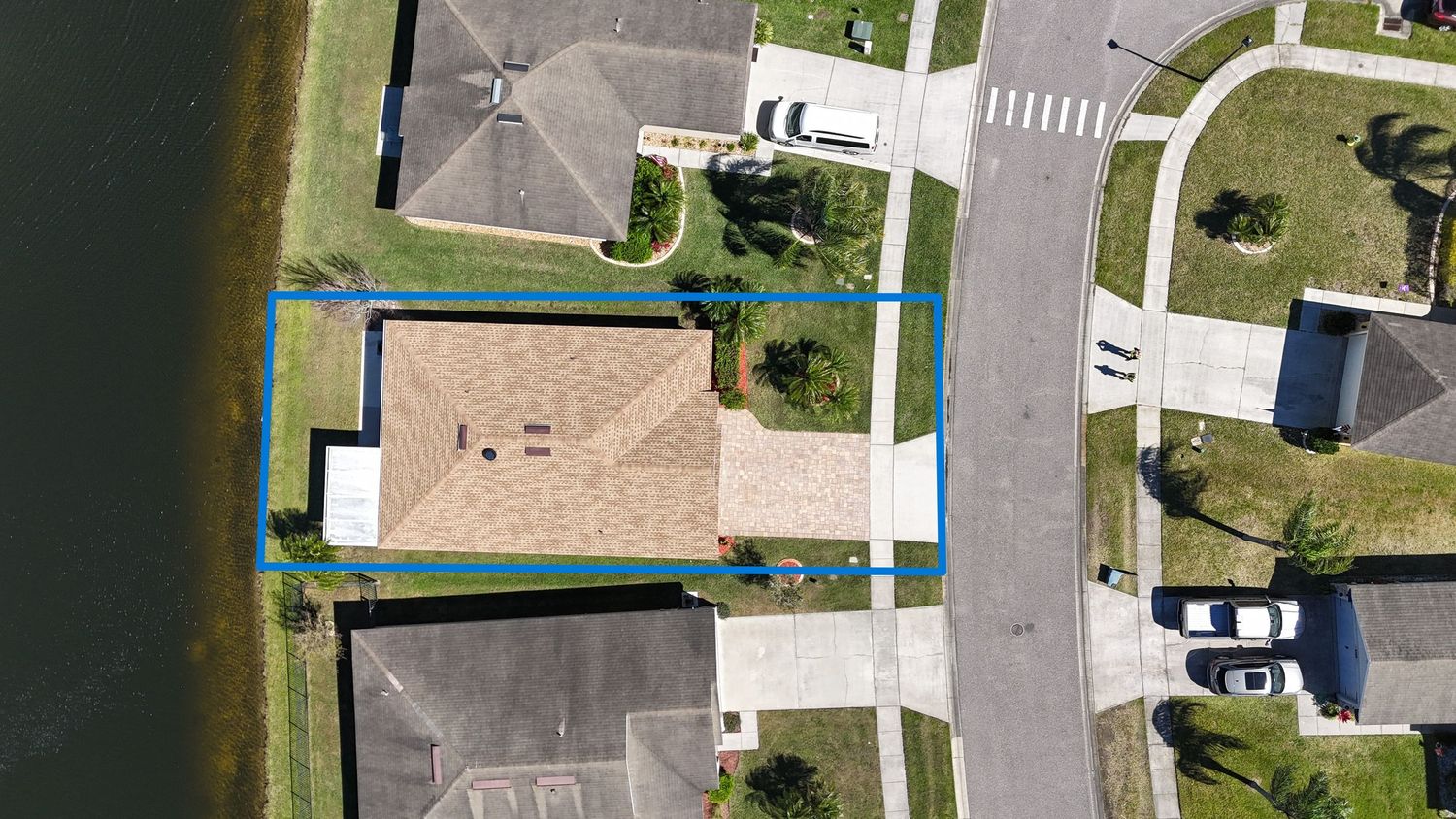 Overhead shot of residential development showing house layouts and property boundaries.