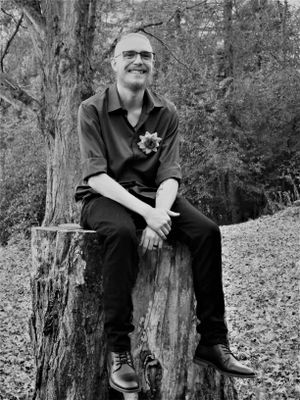 Someone in dark clothing sits casually on a tree stump in a wooded area.