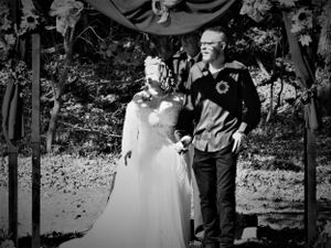 Wedding ceremony candid shots showing guests and decorations in a wooded outdoor venue.