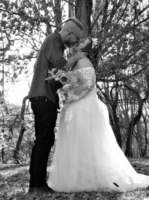 Romantic wedding photography sequence showing tender moments between newlyweds in a forest setting.