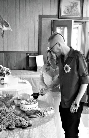 Wedding reception scene showing dessert table with cake and treats against wood paneled walls.