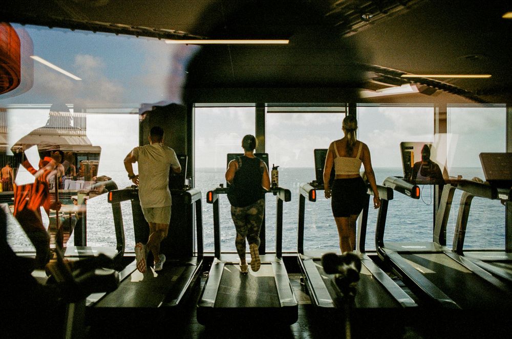Silhouetted exercisers on treadmills against bright windows overlooking the ocean.