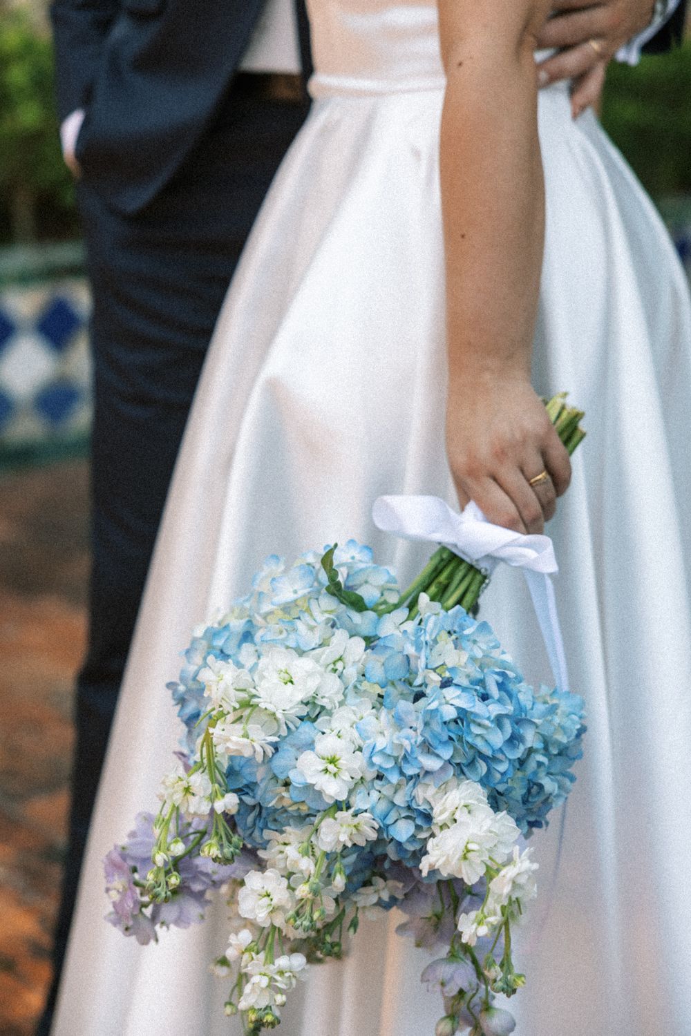 Blue hydrangea bridal bouquet at Portugal destination wedding