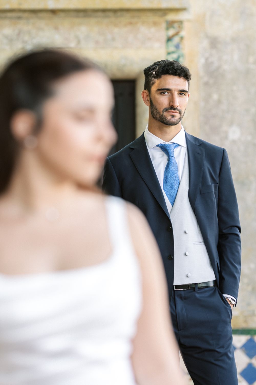 Elegant groom portrait at Portugal destination wedding venue