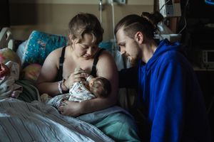 A series of intimate hospital photos showing moments between patients and visitors in low light conditions.