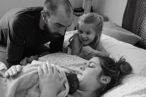 A heartwarming series of candid interactions between two people in a light-filled bedroom setting.