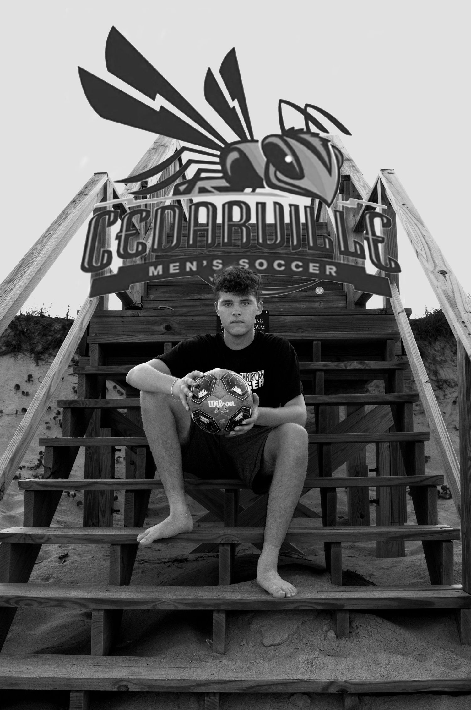 Person sitting on wooden bleachers with Cedarville Men's Soccer signage.
