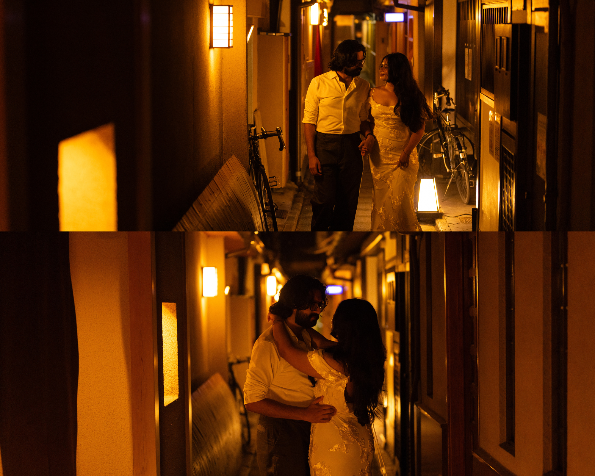 Romantic couple embracing in a warmly lit Japanese alleyway at night, dual photo collage.