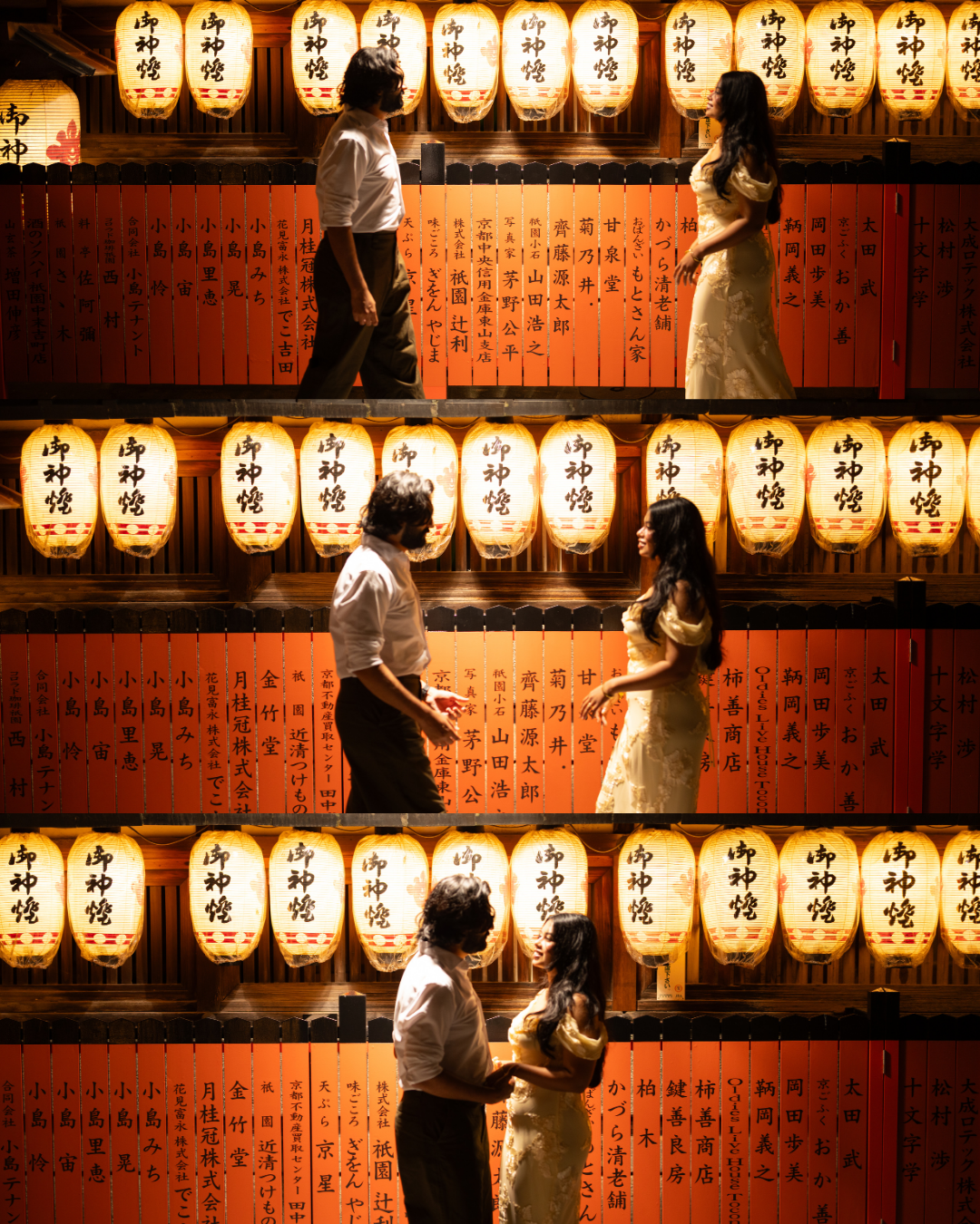 Couple dancing and interacting among glowing Japanese paper lanterns in a vibrant temple setting.