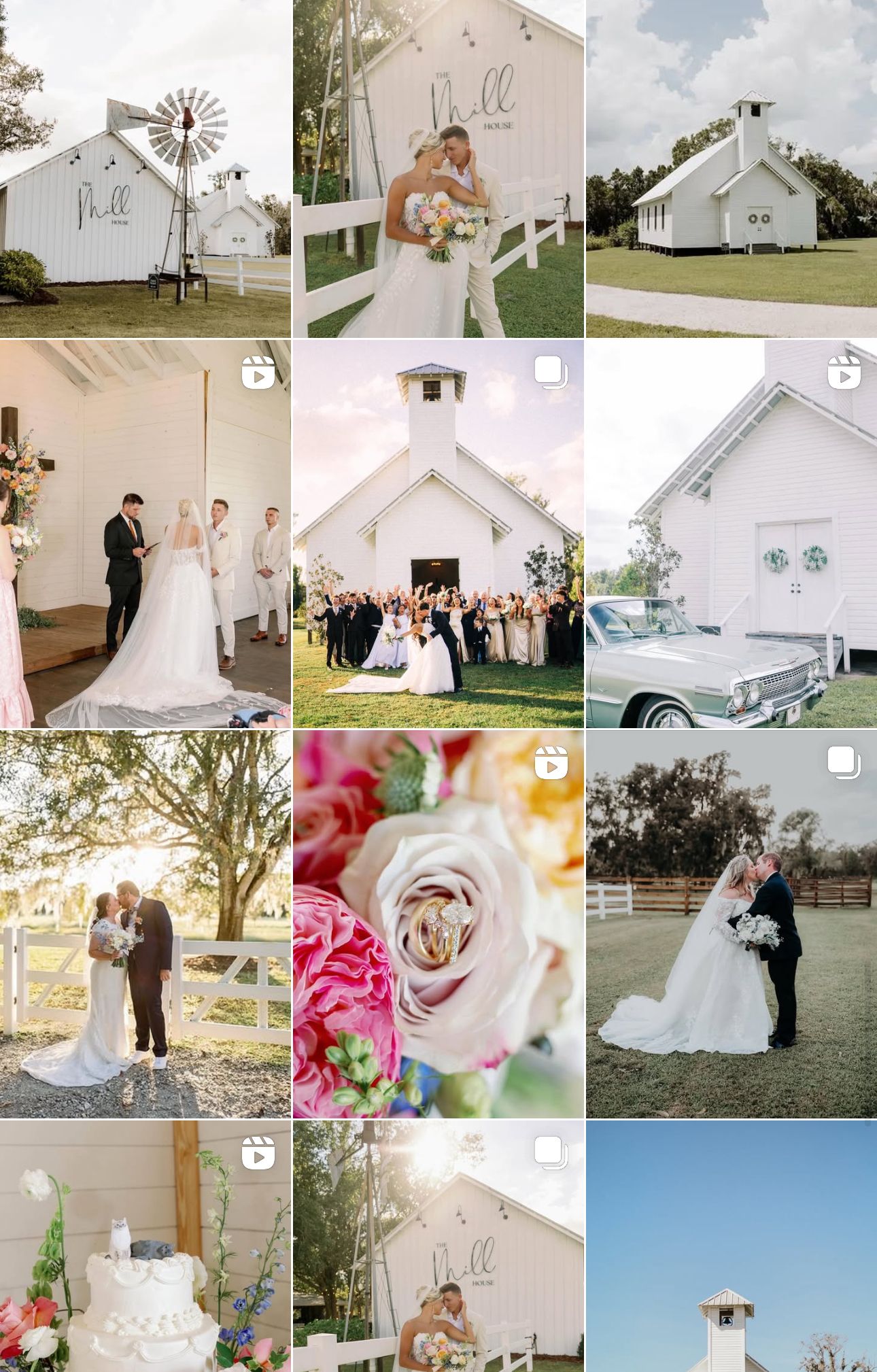 Collage of wedding venue photos featuring white barn exterior and event details.