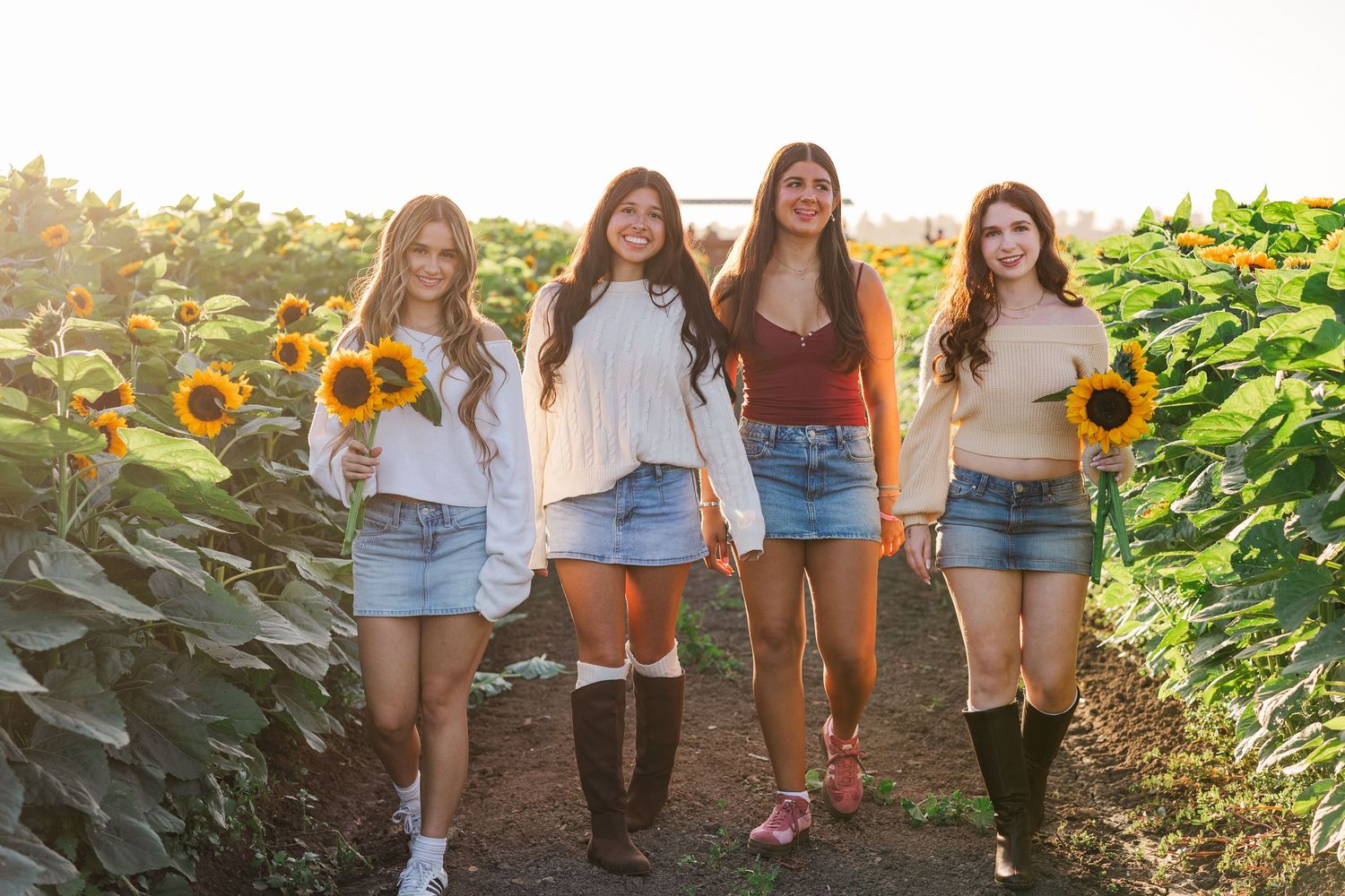 A group walking through a sunflower field at sunset creating a joyful summer scene.