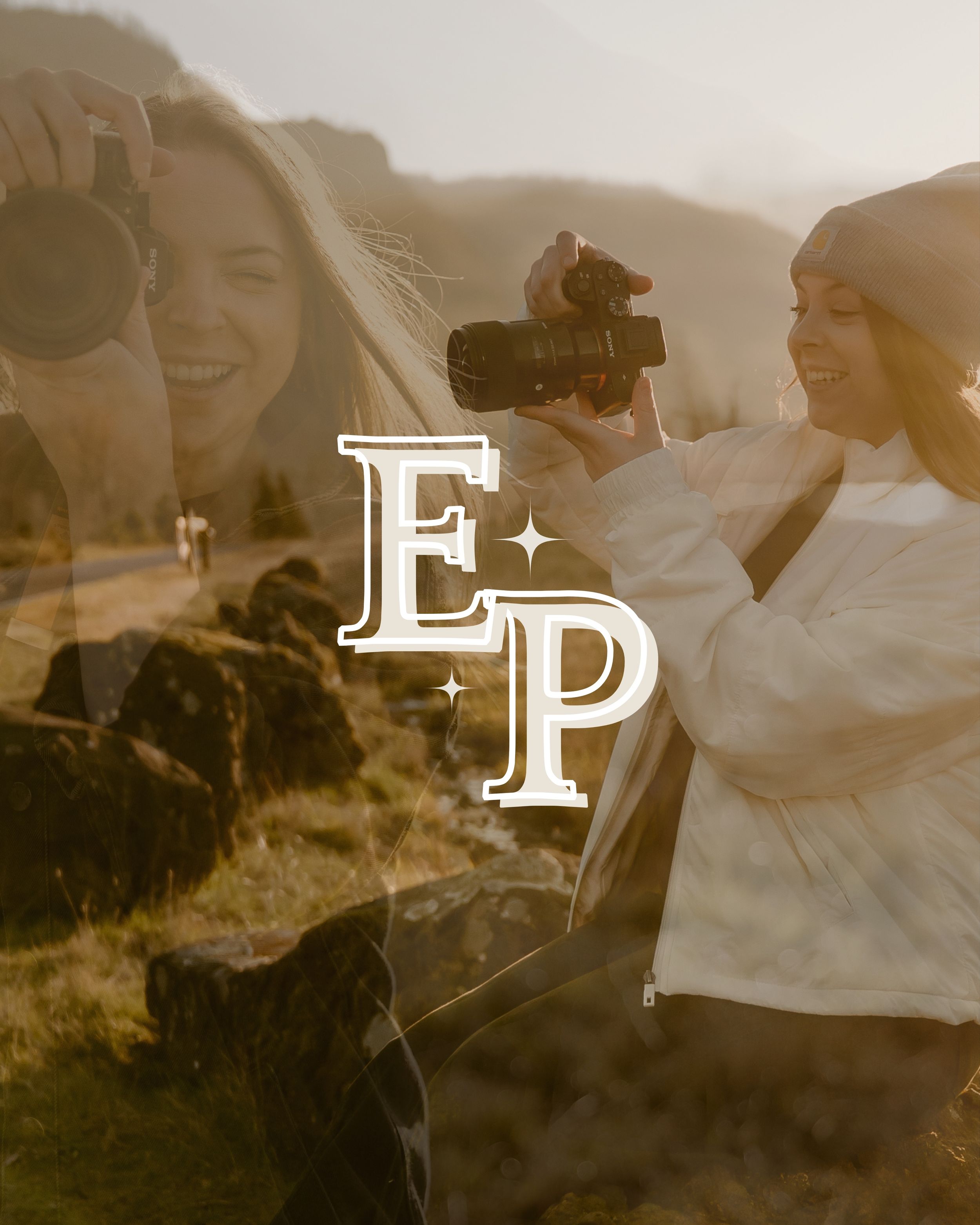 Black and white portraits of photographer at work in outdoor setting.