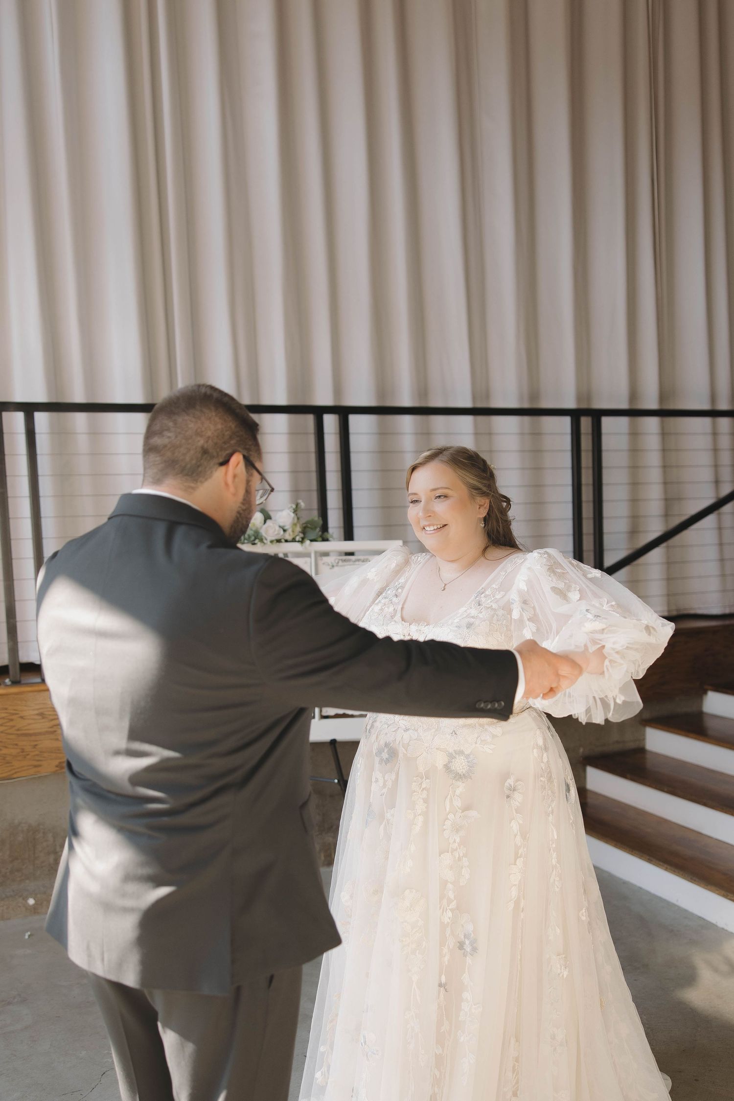 Wedding couple dances playfully in a series of photos showing twirling movements in formal attire.