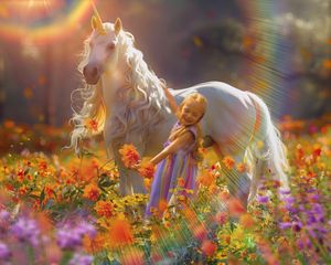 Dreamy garden scene with vibrant orange and purple wildflowers in golden sunlight.