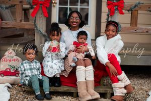 A series of holiday photos showing children sitting together wearing coordinated winter outfits with red bows and decorations.