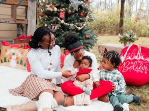 A festive holiday photo collage featuring cozy family moments around a decorated Christmas tree with red and white decor.