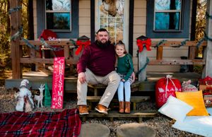A collage of six holiday-themed porch scenes with Christmas decorations, wreaths, and festive front door displays.