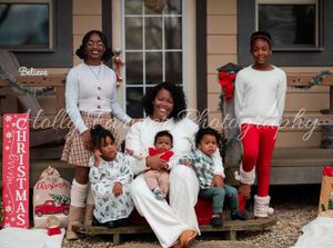 A collage of holiday family photos showing people sitting on a porch with Christmas decorations and festive attire.