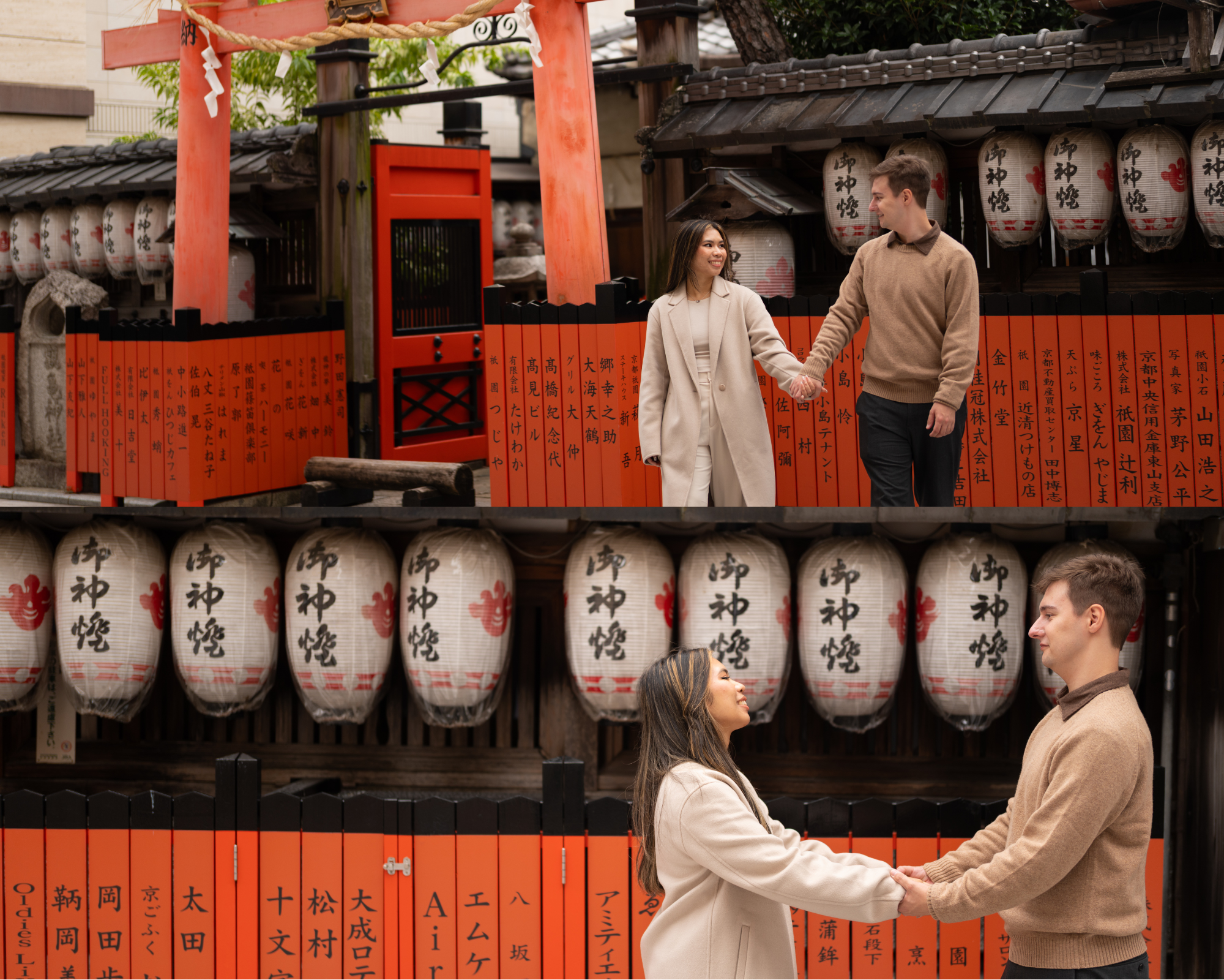 Couple holding hands among vibrant red torii gates and traditional Japanese paper lanterns at a Kyoto shrine.