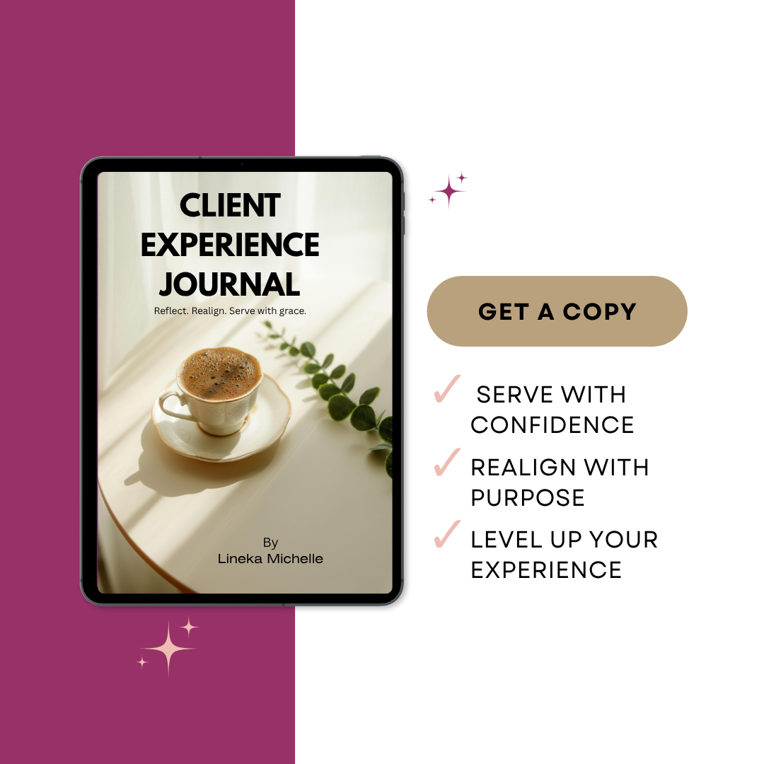 A series of digital mockups showing a client journal product with coffee and plant accents on a purple background.