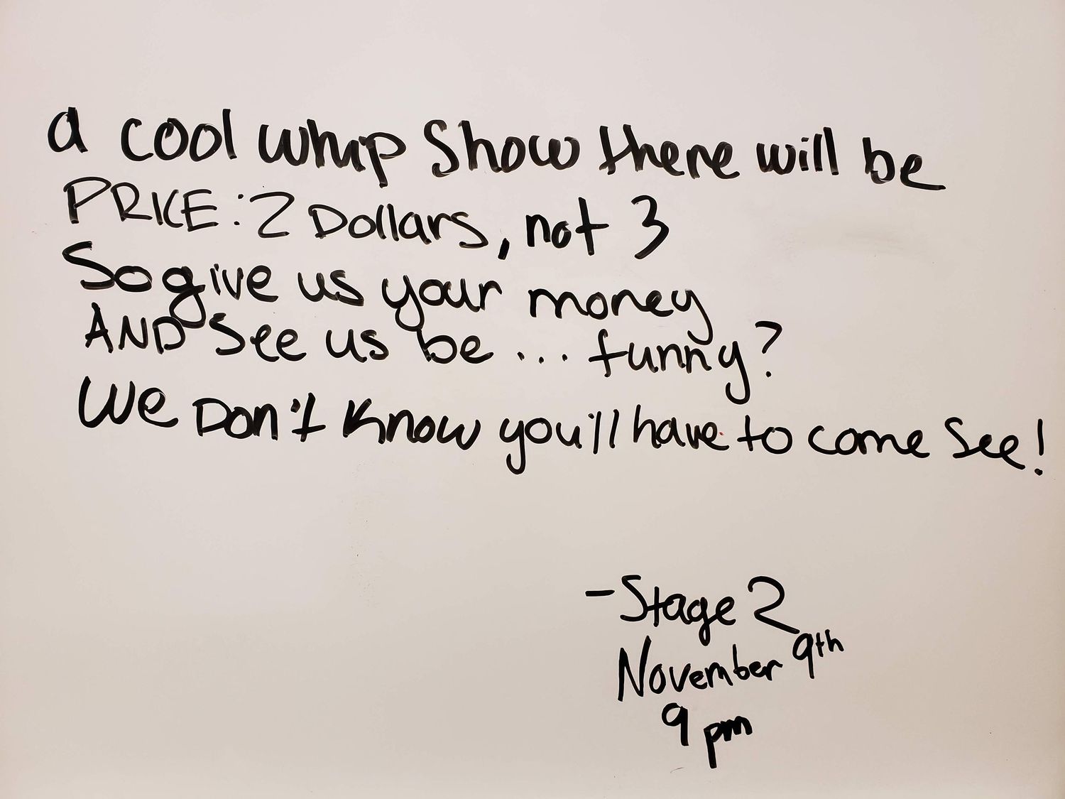 Handwritten flyer for Cool Whip improv comedy show at Stage 2 on November 9th at 9pm for $2.