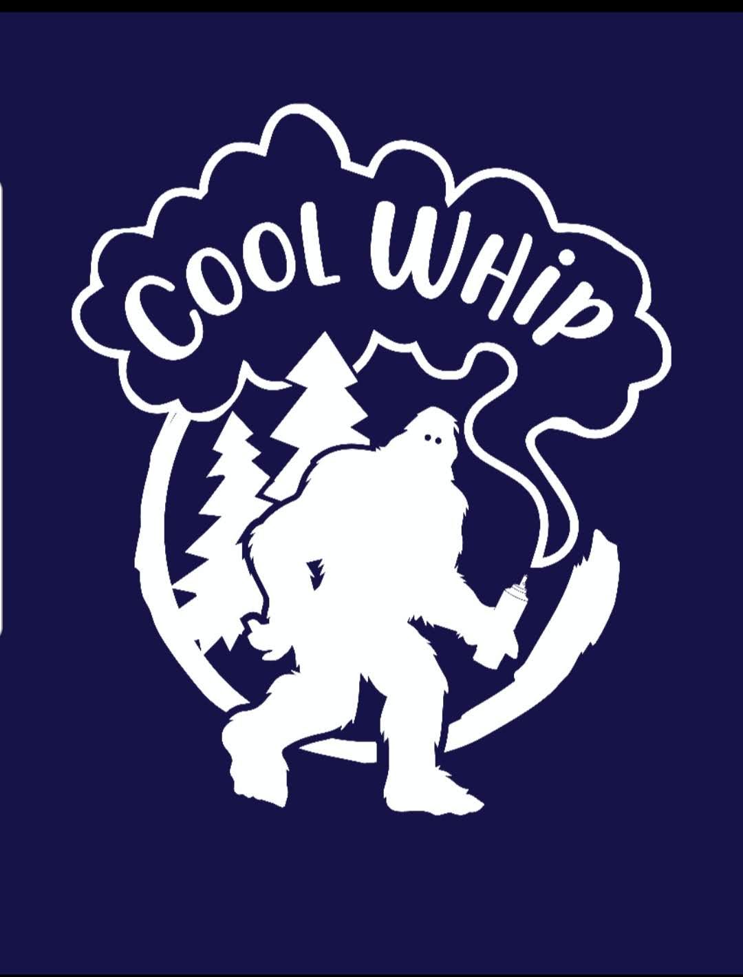 Cool Whip improv comedy group logo with white Bigfoot silhouette and pine trees on a navy background.