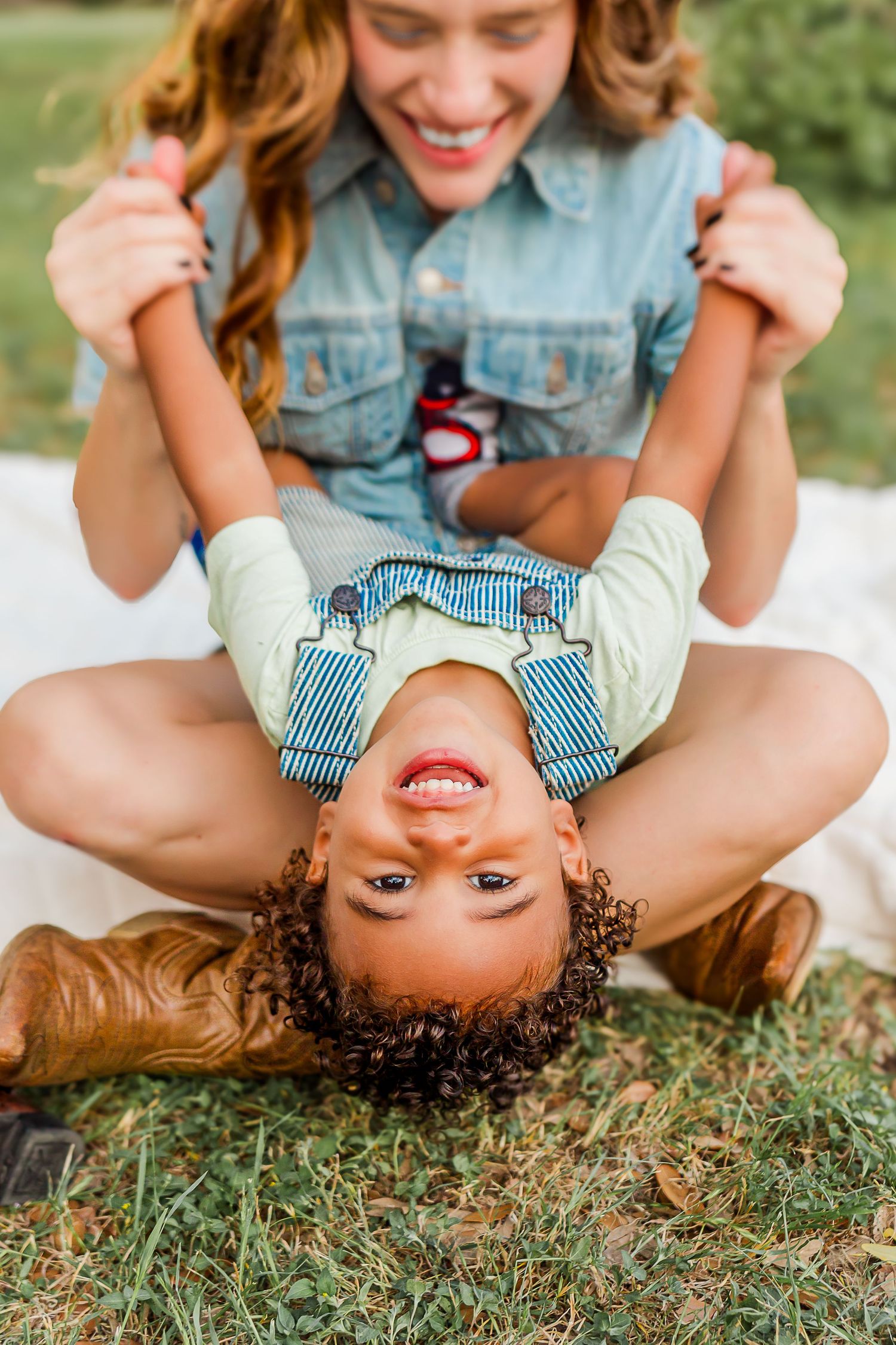 A playful series of photos showing joyful moments outdoors in the grass on a sunny summer day.