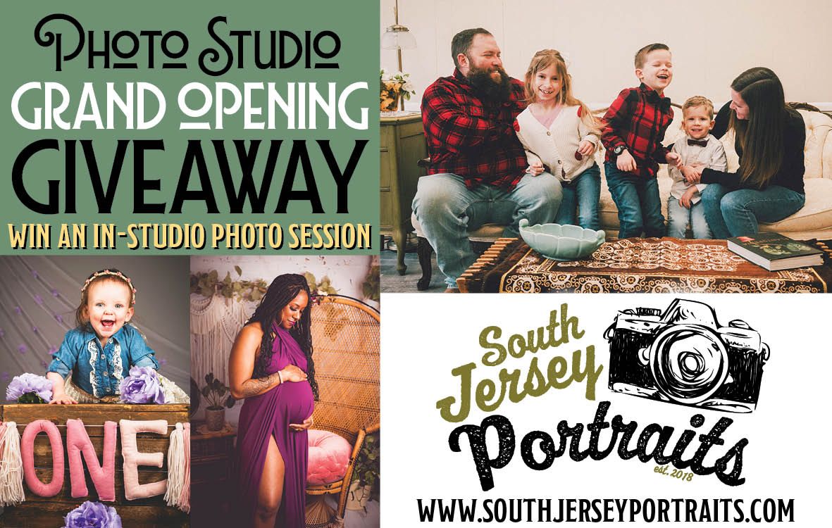 South Jersey Portraits photo studio grand opening giveaway advertisement featuring family portraits and maternity photography sessions.
