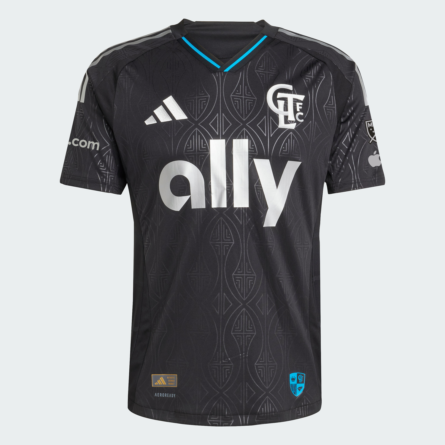 Charlotte FC Fortress Kit black adidas jersey with ally sponsor and teal accents, front view.
