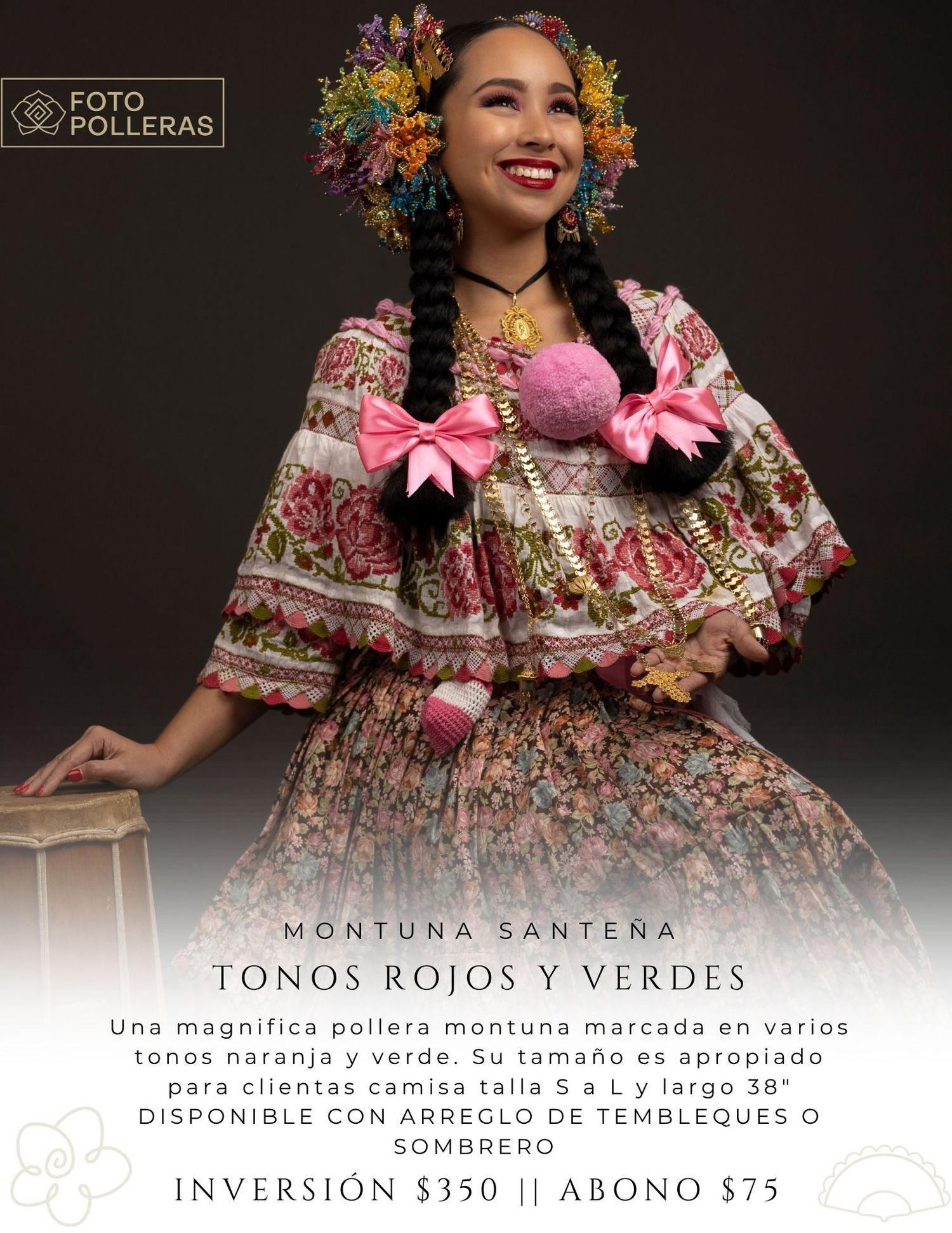 mujer con una pollera blanca de organza y tembleques de colores en atardecer en el casco antiguo