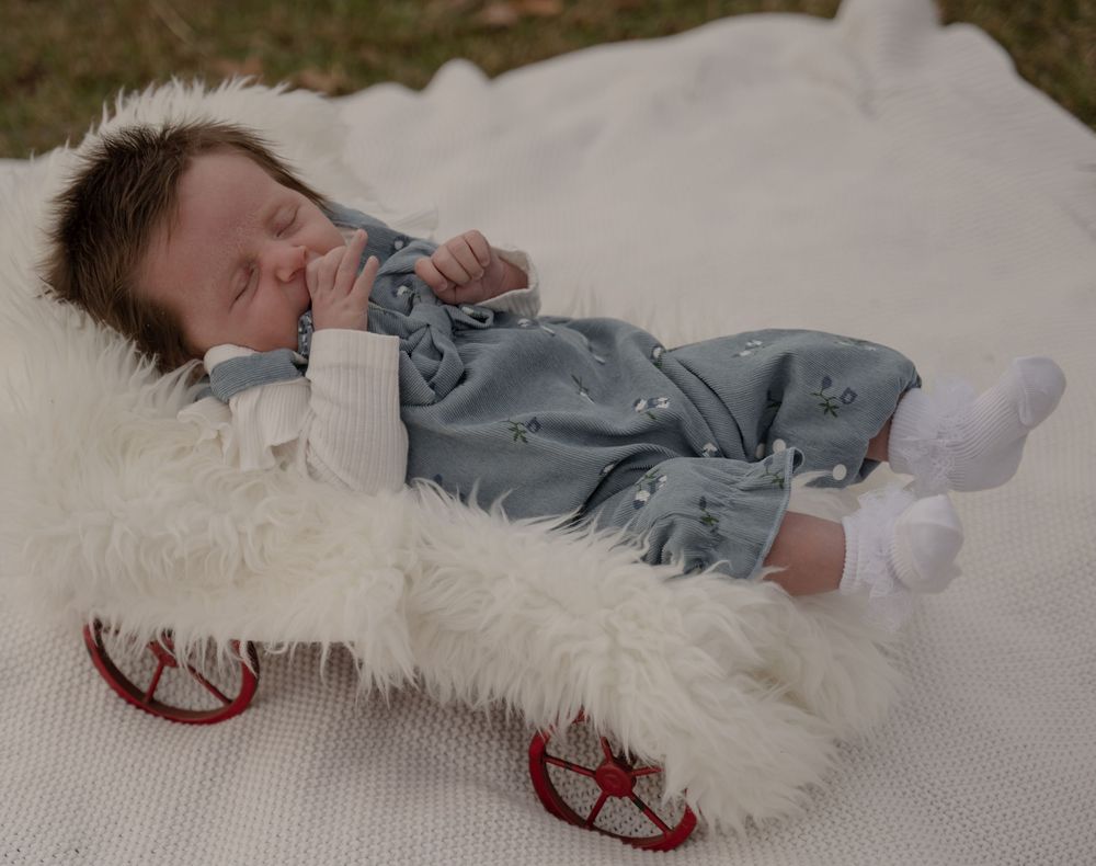 Sleeping newborn baby in gray outfit with white socks lying on fluffy white fur in a small red wagon outdoors.