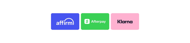 A row of payment method logos including Affirm, Afterpay, Klarna and other digital payment options.