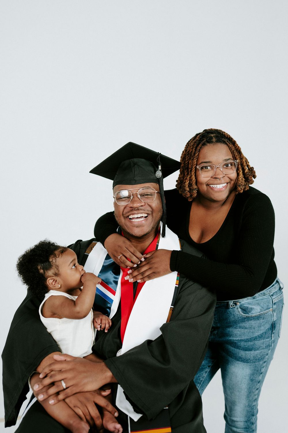 A joyful graduation celebration captured in three candid poses showing warm embraces and bright smiles.
