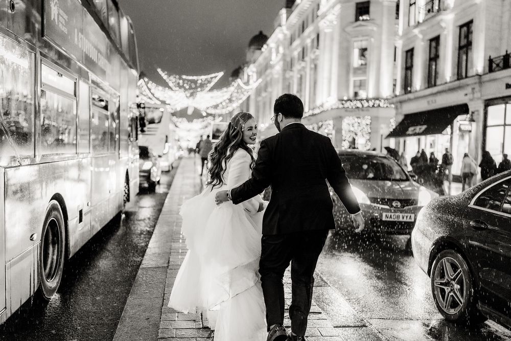 A series of monochrome wedding photos capturing movement and shadows against an urban architectural backdrop.
