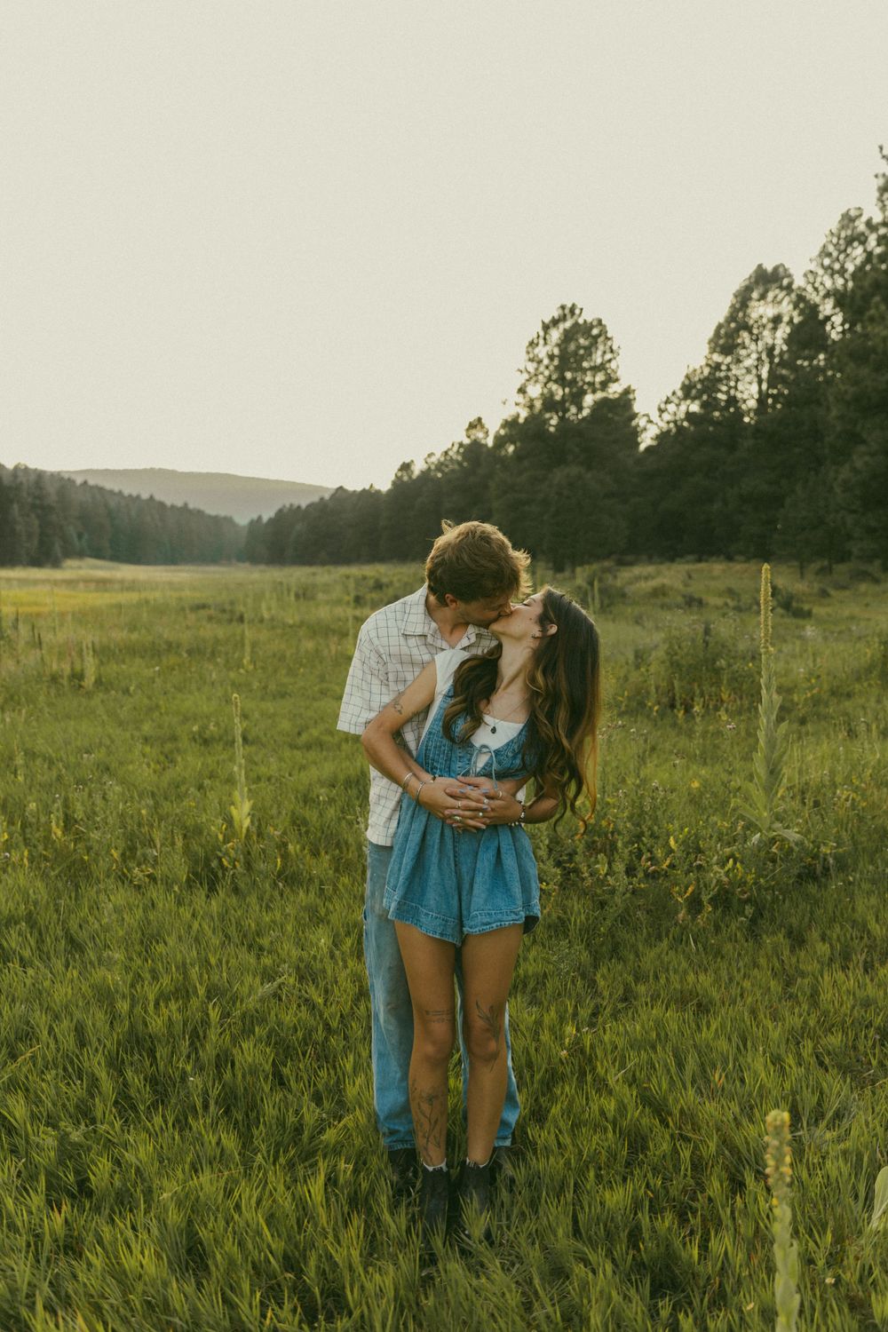 A romantic couple embraces in a sunlit meadow with mountains and trees in the background during golden hour.